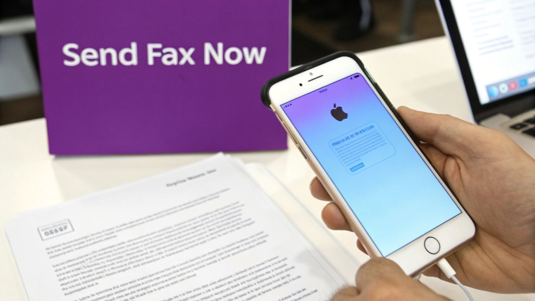 A person holding an iPhone near a 'Send Fax Now' sign and documents, indicating mobile faxing.