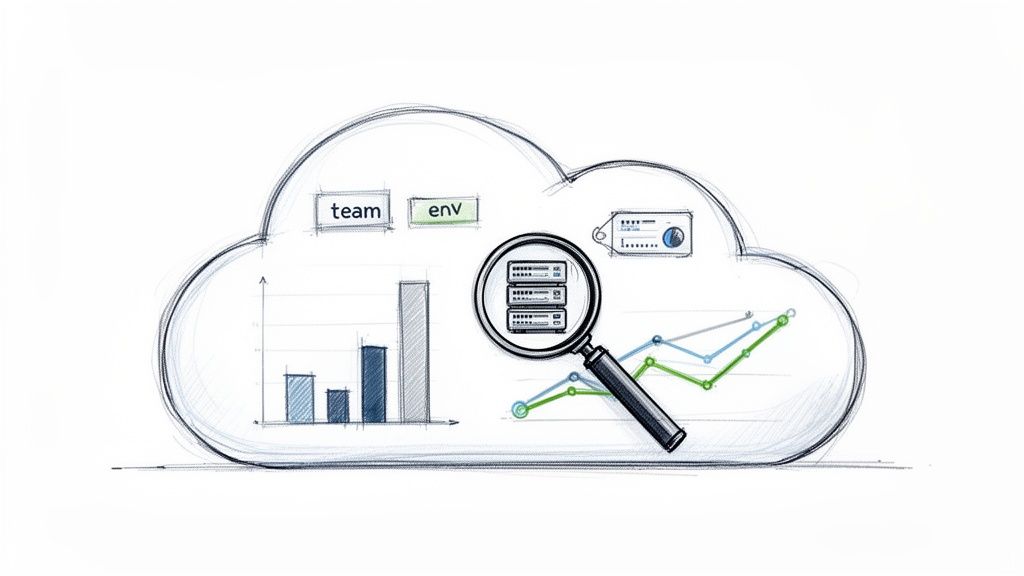 A sketch of a cloud illustrating data analysis and monitoring of servers and environments with charts.