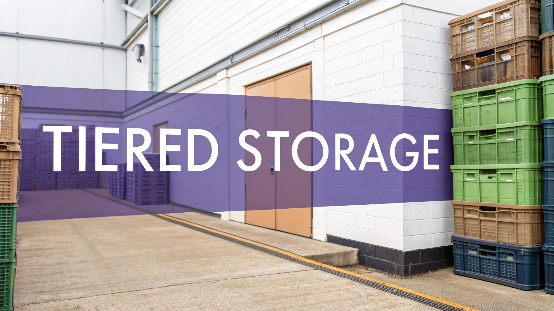 Stacks of colorful plastic crates are neatly arranged outside a building, illustrating tiered storage.