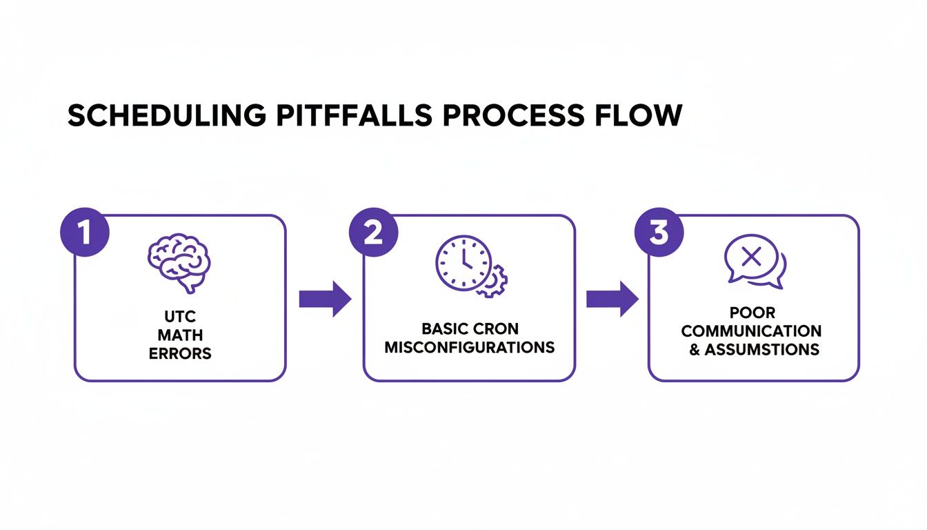 A process flow diagram illustrating common scheduling pitfalls: UTC math errors, basic cron misconfigurations, and poor communication.
