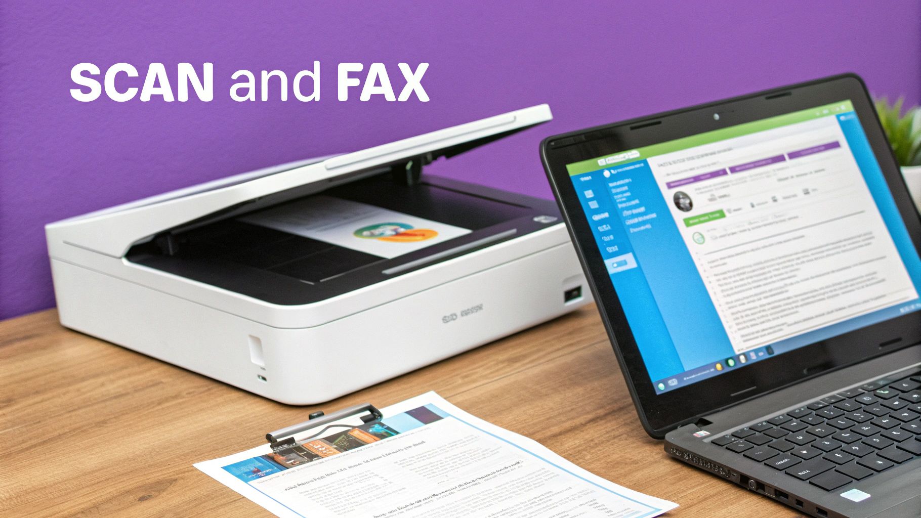 A person scanning a document on a multifunction printer to send a fax from their computer.