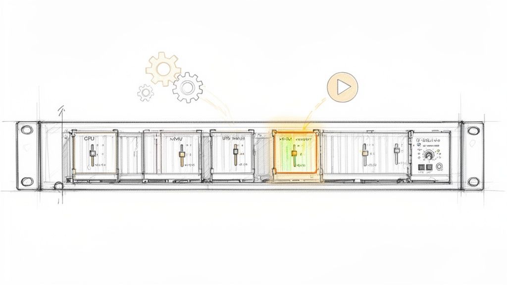 Technical sketch of a modular rack system with labeled CPU and NMU components, gears, and a play icon.