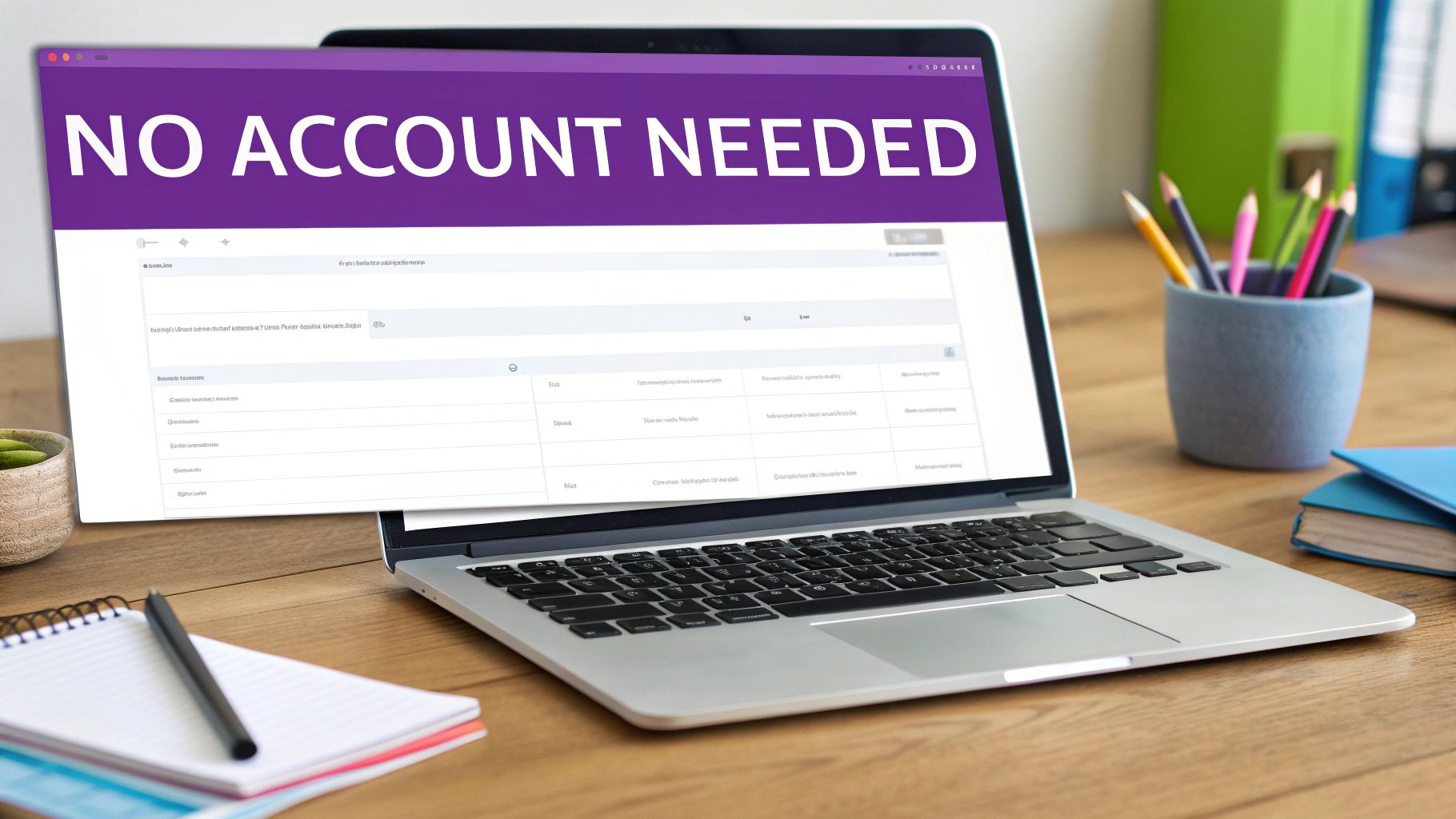 A laptop displaying "NO ACCOUNT NEEDED" on its screen, with a notebook, pen, and pencils on a wooden desk.