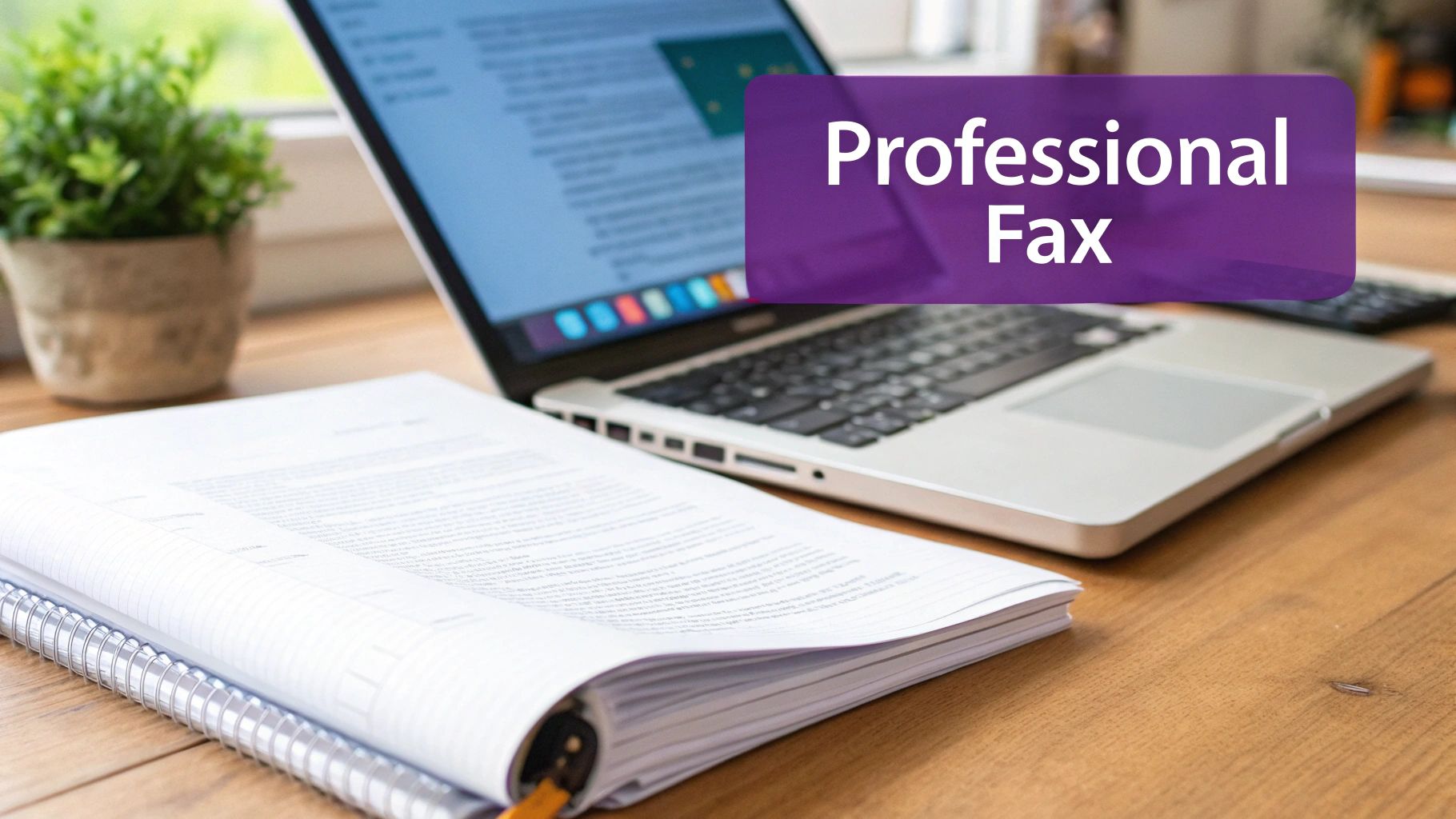 A person at a desk carefully reviewing a document before faxing it from their laptop, representing professionalism in communication.