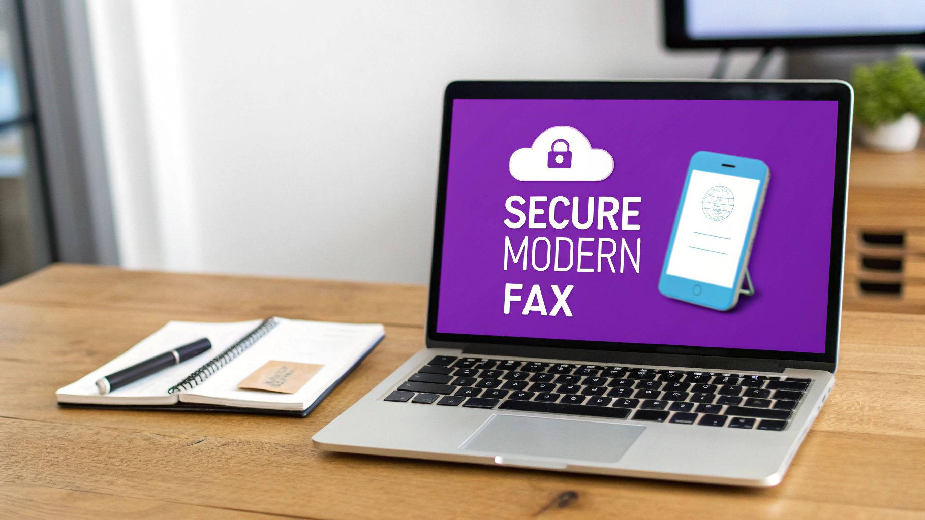 A laptop on a wooden desk displays 'SECURE MODERN FAX' with cloud and smartphone icons.