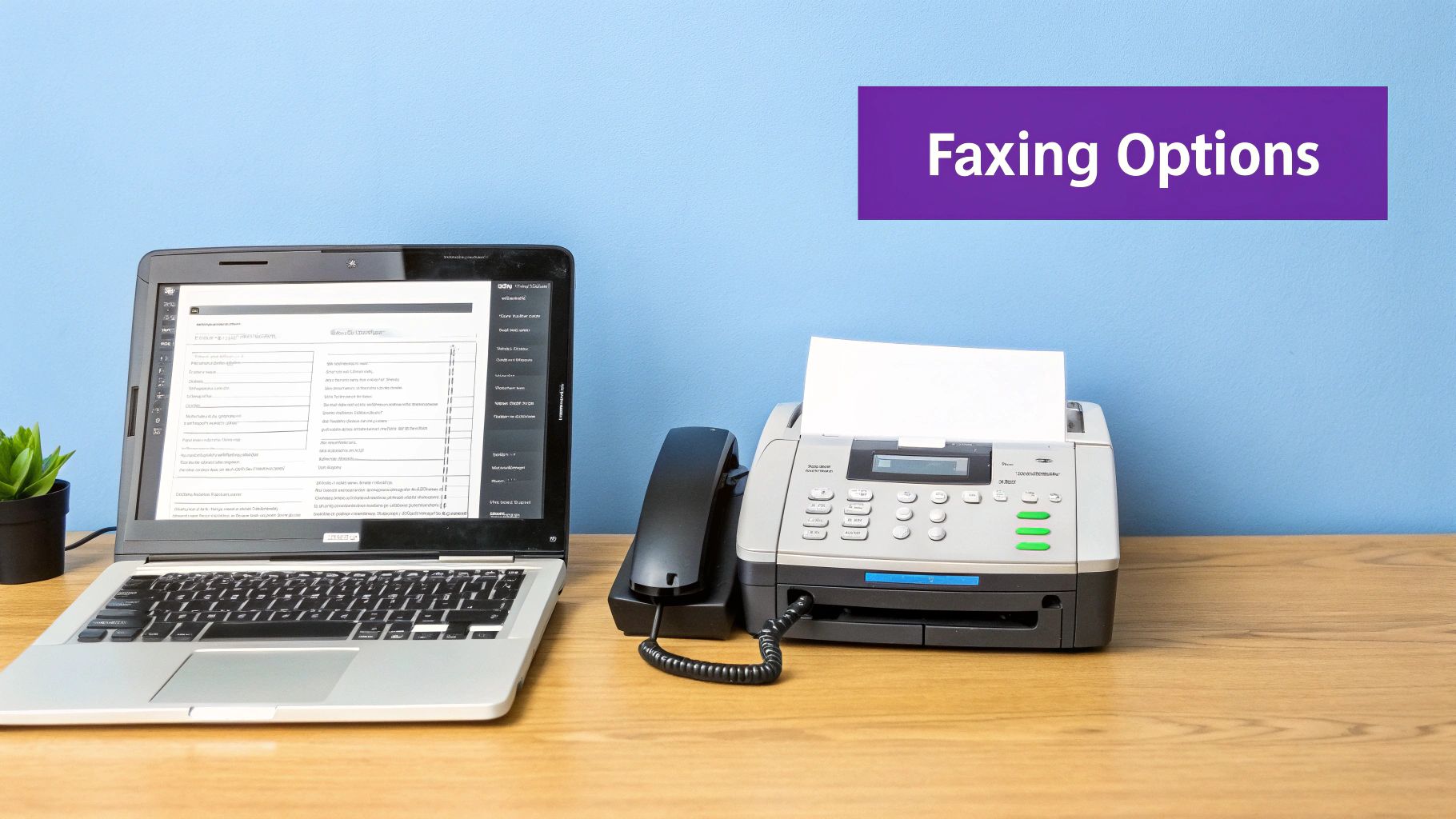 A desk setup with a laptop, telephone, and a fax machine next to a blue wall with 'Faxing Options' text.