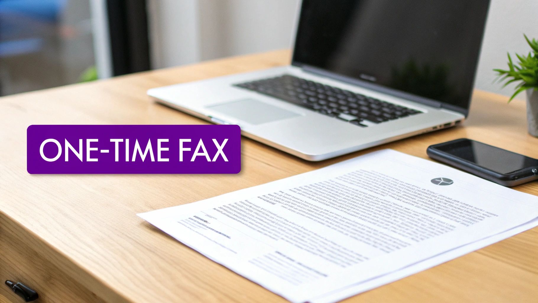 A wooden desk with a laptop, smartphone, document, and a purple 'ONE-TIME FAX' banner.