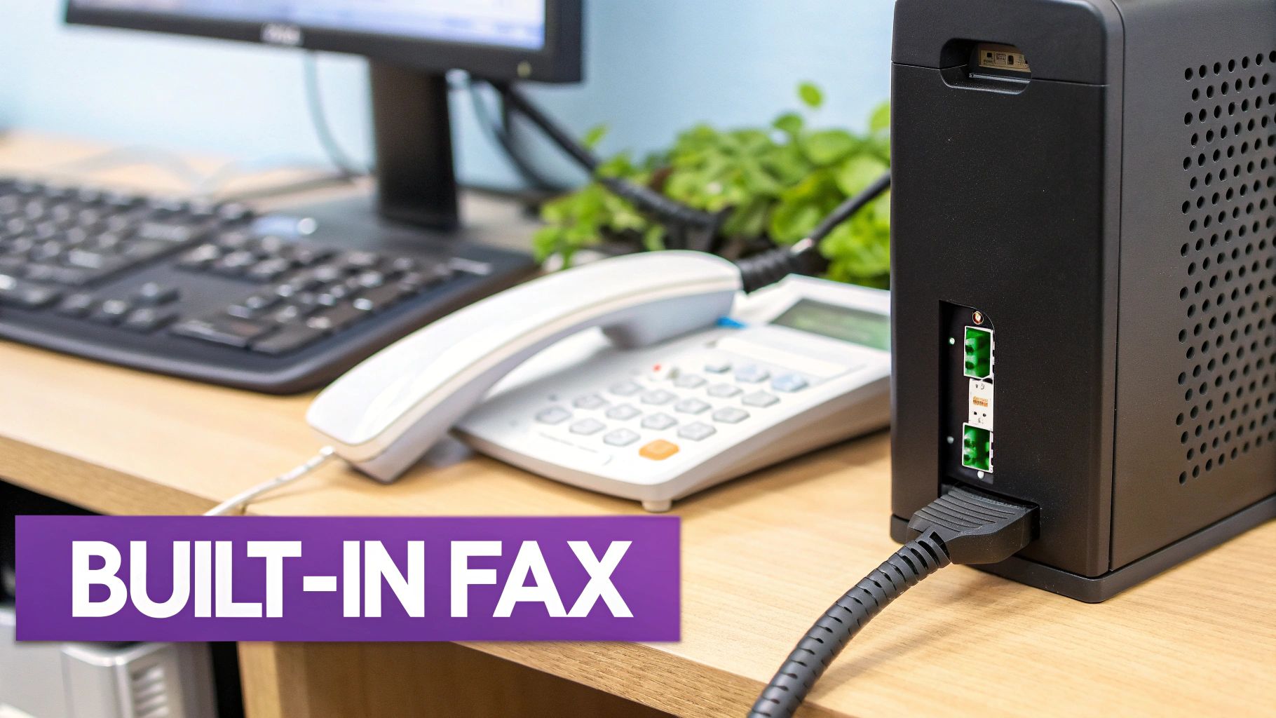 Office desk setup with landline phone and fax modem device with built-in fax capability