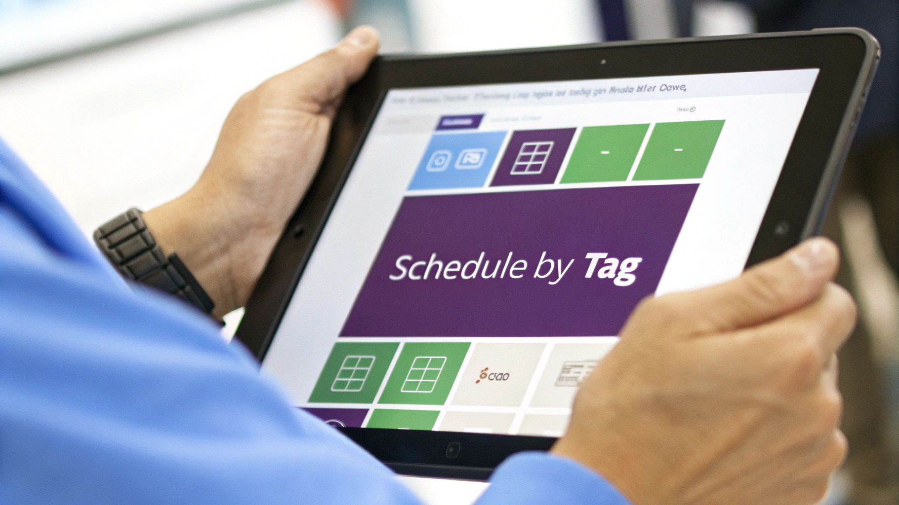 Person holding a tablet displaying a 'Schedule by Tag' interface with colorful tiles.