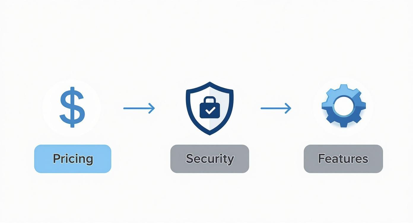 Infographic showing a process flow for choosing a fax service, with icons for pricing, security, and features.