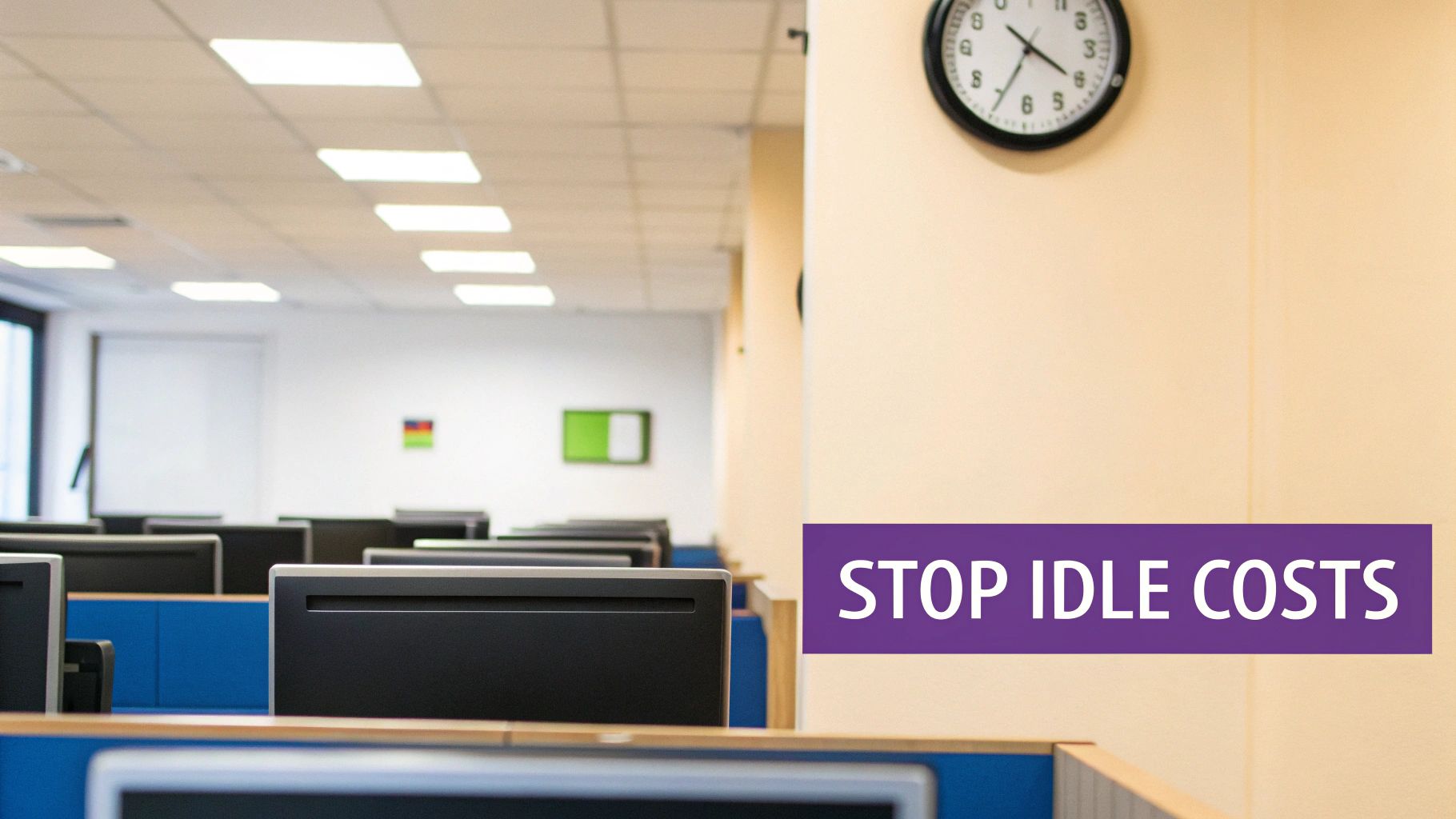 An empty office with rows of computer monitors, a clock ></p>
<p>The numbers tell a compelling story. Just by scheduling your non-production workloads, you can cut your compute spend by <strong>60–75%</strong> compared to running them 24/7. Take a group of <strong>10</strong> <code>m6i.xlarge</code> instances, for example. Running them nonstop could cost around <strong>$1,382.40</strong> per month. By switching to a schedule of just 10 hours a day on weekdays, that cost plummets to about <strong>$384.00</strong>. That's a <strong>72% reduction</strong> from one simple change. The goal is to pay only for the compute time you actually use. This principle is a key part of a broader strategy for financial accountability in the cloud.</p>
<p>To make this more concrete, let's break down the potential savings for a few common instance types. The table below shows the direct financial impact of moving from a constant 