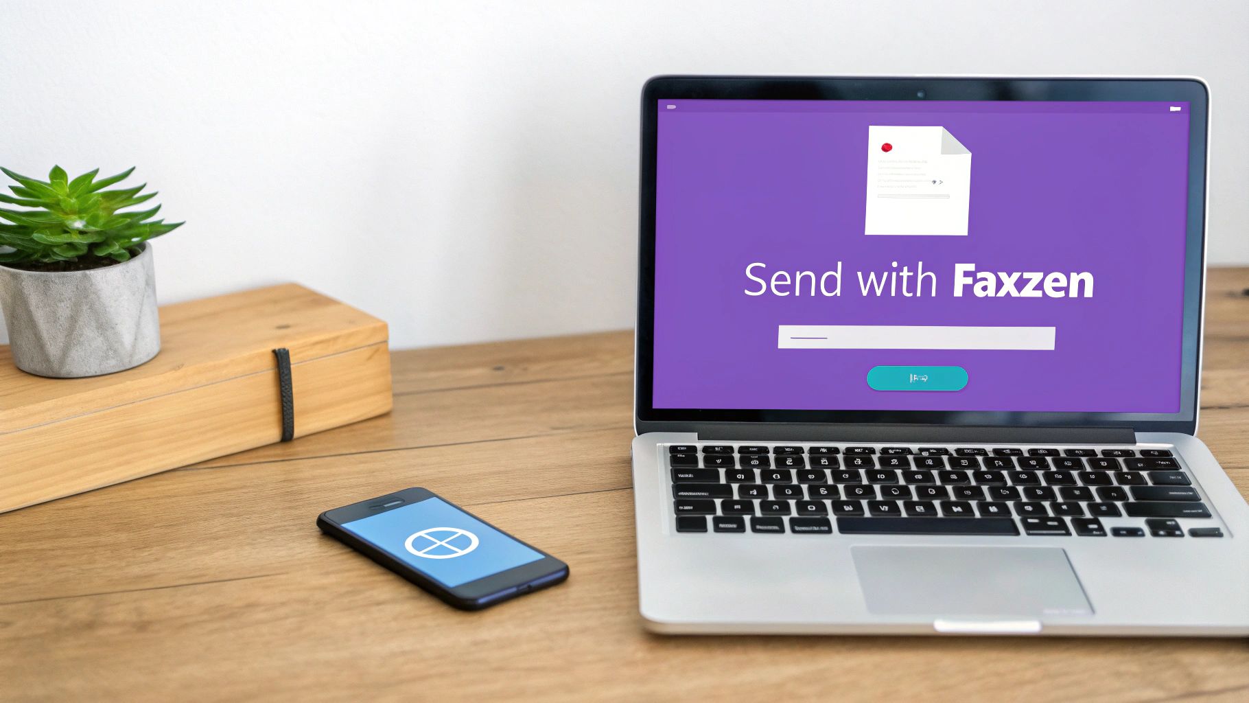 A laptop displaying 'Send with Faxzen' and a smartphone on a wooden desk with a plant.