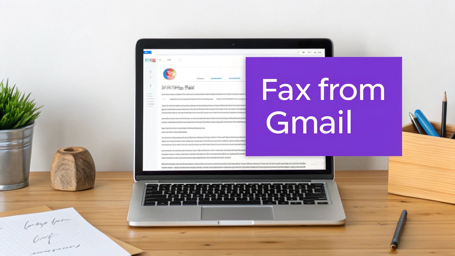 Laptop displaying 'Fax from Gmail' on screen, set on a wooden desk with office supplies.