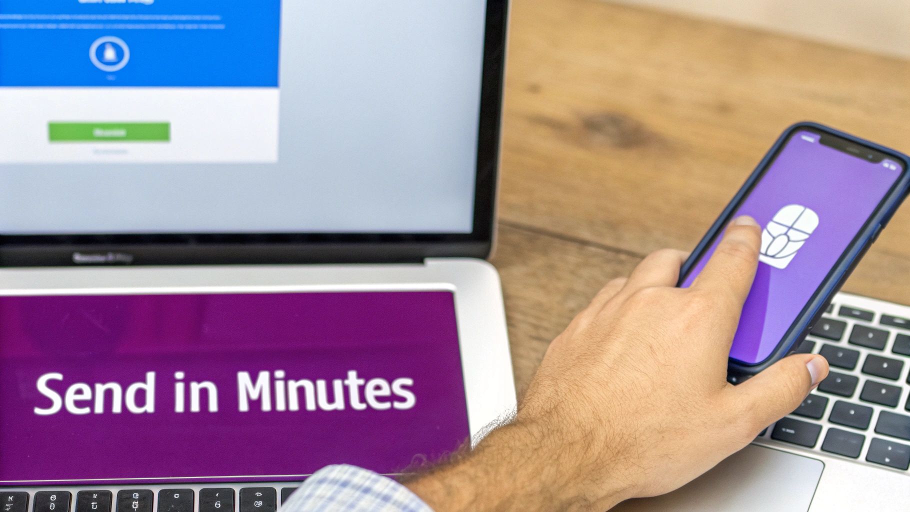 A hand interacting with a smartphone displaying a purple app, next to a laptop showing 'Send in Minutes' on its screen.