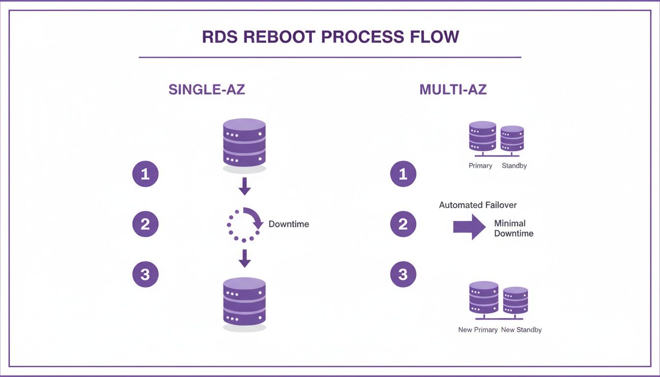 Diagram illustrating RDS reboot process flow for Single-AZ (with downtime) and Multi-AZ (with automated failover and minimal downtime).