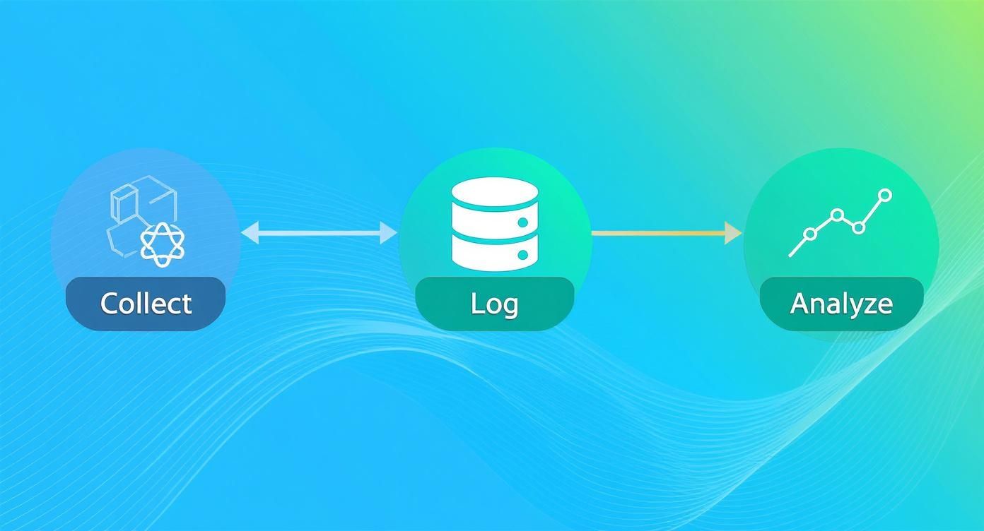 Data pipeline workflow diagram showing collect, log, and analyze stages with database and analytics icons
