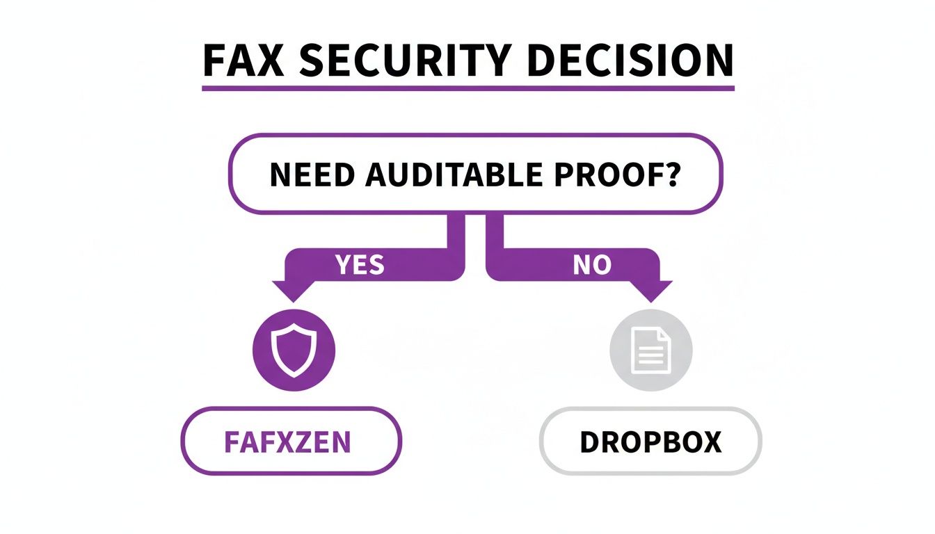 A flowchart illustrates a fax security decision. If auditable proof is needed, choose FAFXZEN; otherwise, choose Dropbox.