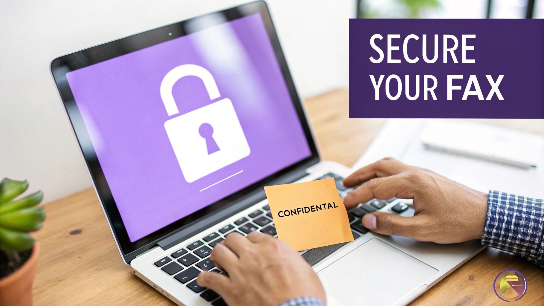 Person typing on a laptop with a lock icon and 'CONFIDENTIAL' note, advertising 'SECURE YOUR FAX'.