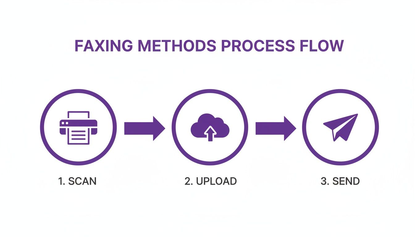 A process flow diagram illustrating three steps for modern faxing methods: Scan, Upload, and Send.