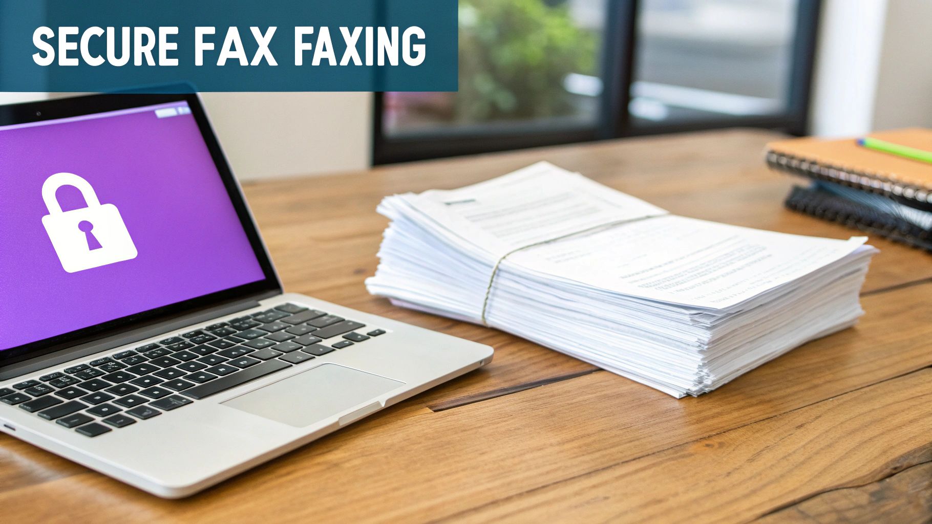 A laptop displaying a padlock icon next to a stack of documents, highlighting secure digital faxing.