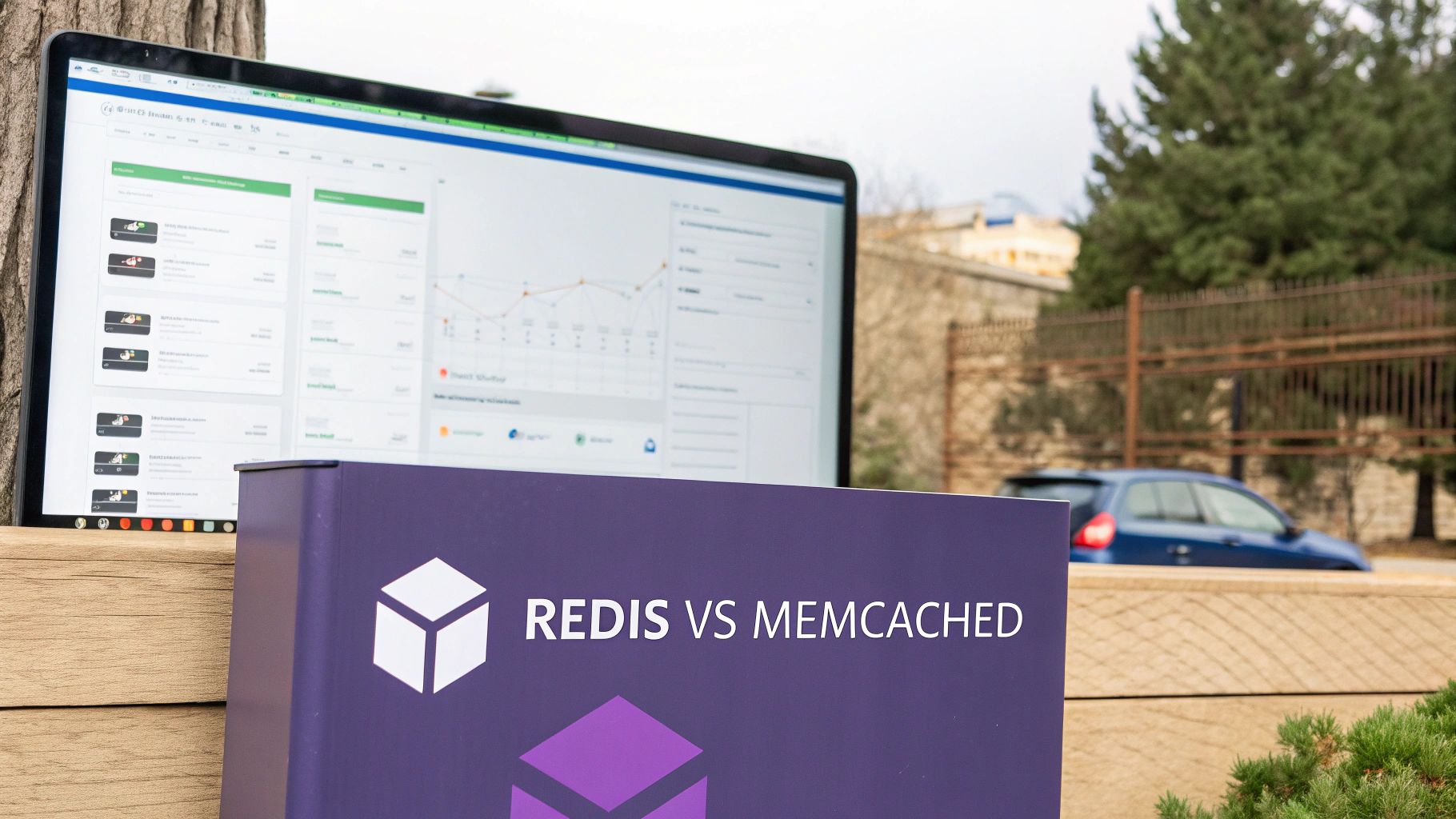Close-up of a laptop screen showing analytics data next to a 'Redis vs Memcached' sign.