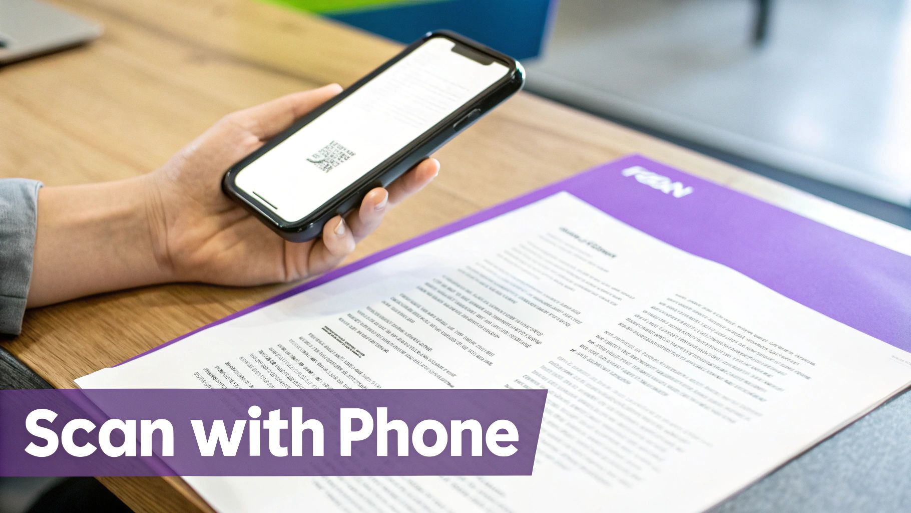 A person's hand holding a smartphone over a document, scanning a QR code on the screen.