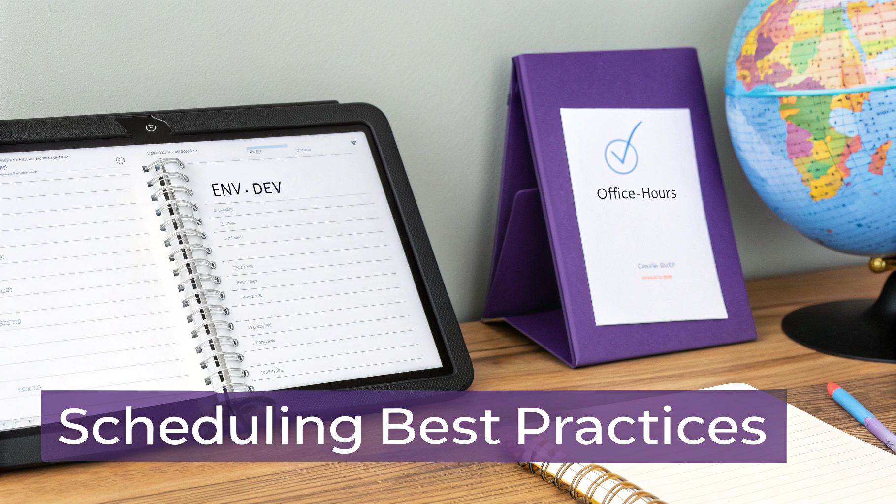 A desk with an open notebook displaying 'ENV. DEV', an 'Office-Hours' sign, and a globe, promoting 'Scheduling Best Practices'.