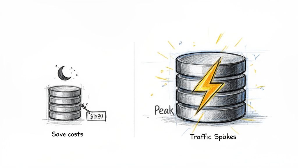 Illustrating database cost optimization with off-peak savings and scaling for peak traffic spikes.