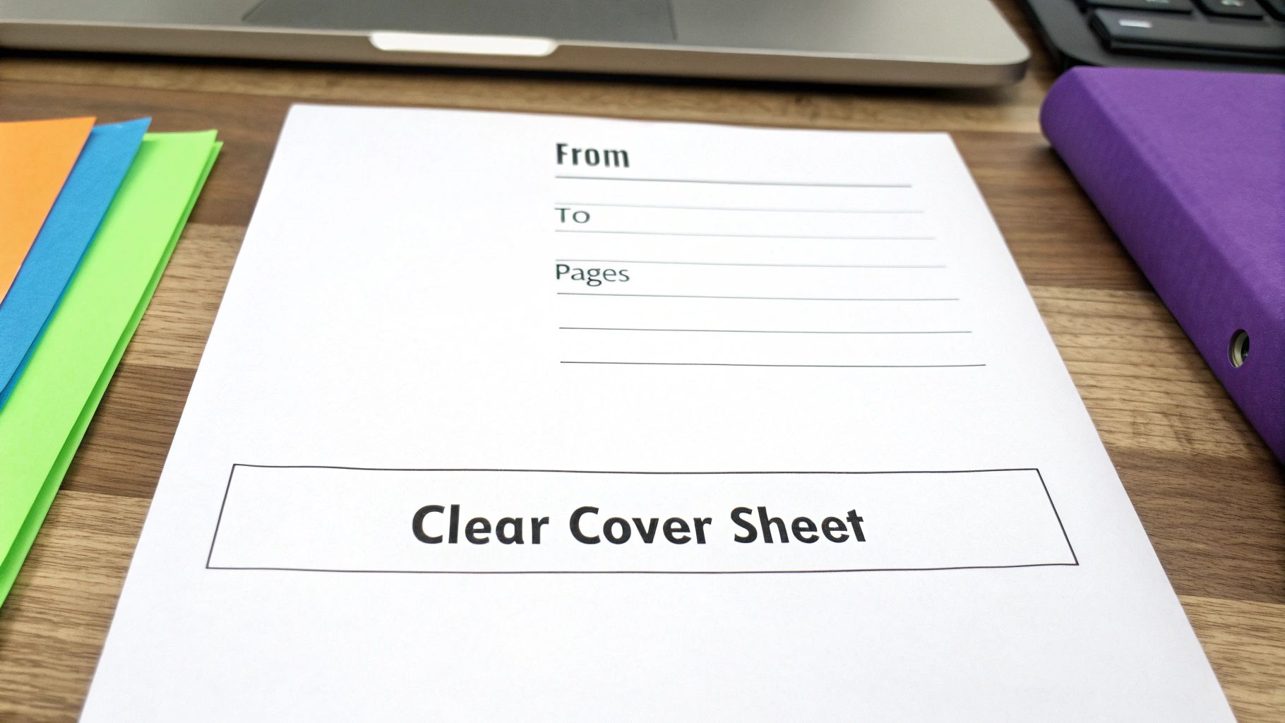 A white clear cover sheet for a fax, showing 'From', 'To', 'Pages' fields on a wooden desk with office supplies.