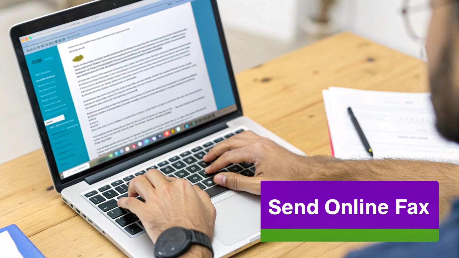 Person typing on a laptop displaying a document, with 'Send Online Fax' text overlay.