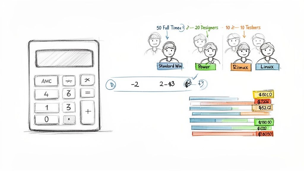 A hand-drawn illustration showing a calculator, team structure with roles and numbers, and a bar chart displaying various costs.
