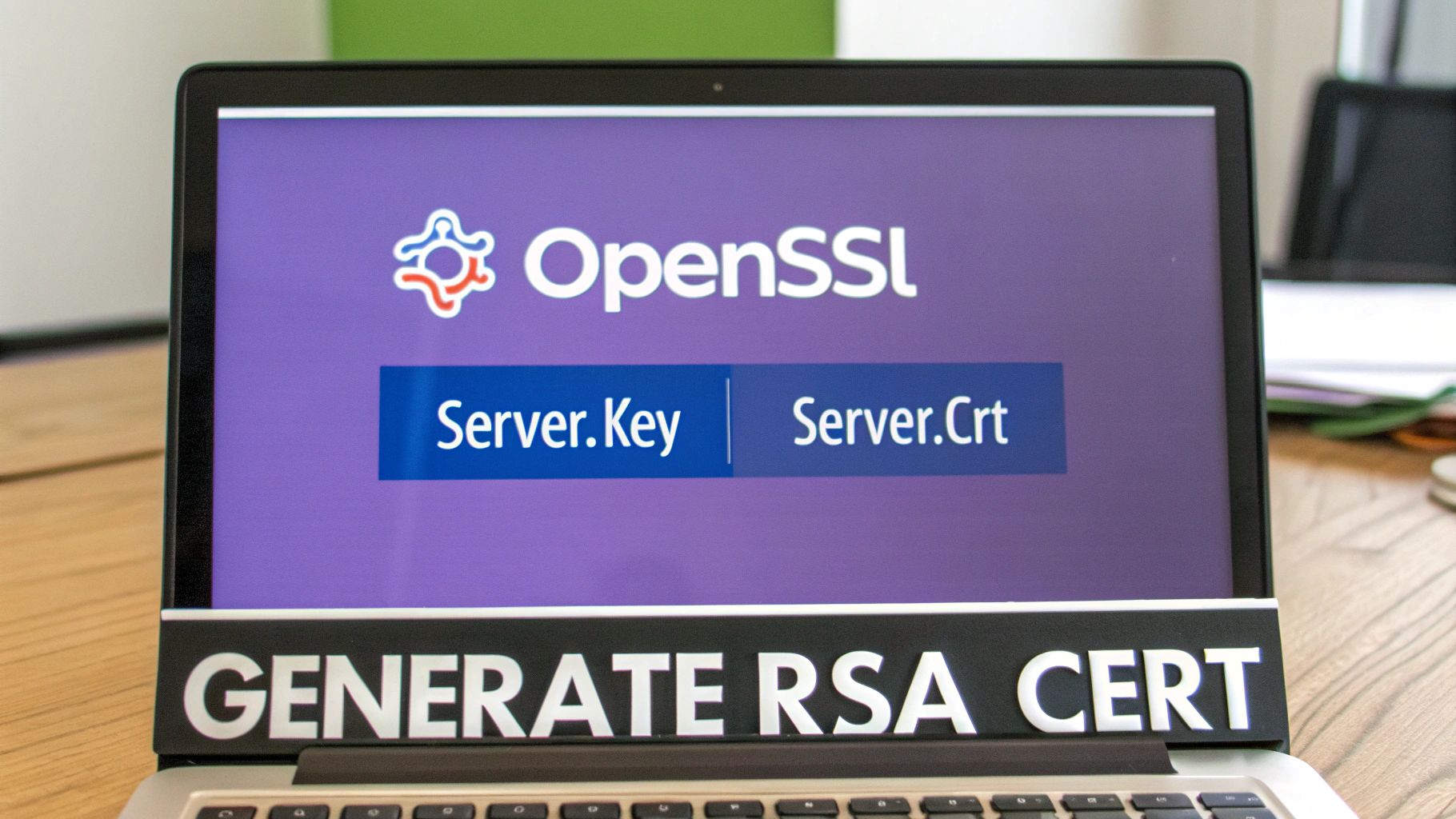 A laptop screen displays OpenSSL software, showing Server.Key, Server.Crt, and "GENERATE RSA CERT" text.