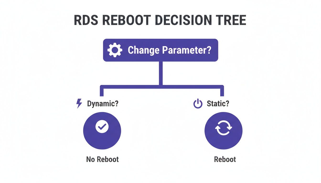Decision tree showing if an RDS parameter change requires a reboot based ></p>
<p>The most significant risk is an unplanned outage. AWS performs periodic maintenance on its infrastructure for security patches or minor version upgrades. If your instance is in a <code>pending-reboot</code> state during one of these maintenance windows, AWS may automatically trigger the reboot to apply its own updates. When this happens, your pending parameter changes will be applied simultaneously, potentially at the worst possible time, such as during peak business hours. This turns a planned configuration change into an unexpected service disruption.</p>
<blockquote>
<p><strong>Important Note:</strong> The <code>pending-reboot</code> status is a form of configuration debt. Ignoring it means accepting the risk that your database's core behavior could change without your direct intervention, triggered by an unrelated maintenance event.</p>
</blockquote>
<p>This situation creates significant headaches for operations teams, complicating deployments and making performance analysis unreliable. The longer an instance remains in this state, the higher the risk. To manage this effectively, it's crucial to have a clear process for handling these reboots. Our guide on how to <a href=