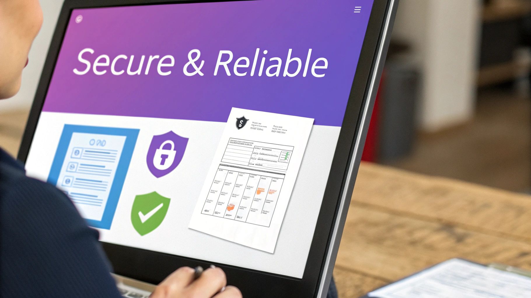 A person views a laptop screen displaying 'Secure & Reliable' text, security icons, and a document.