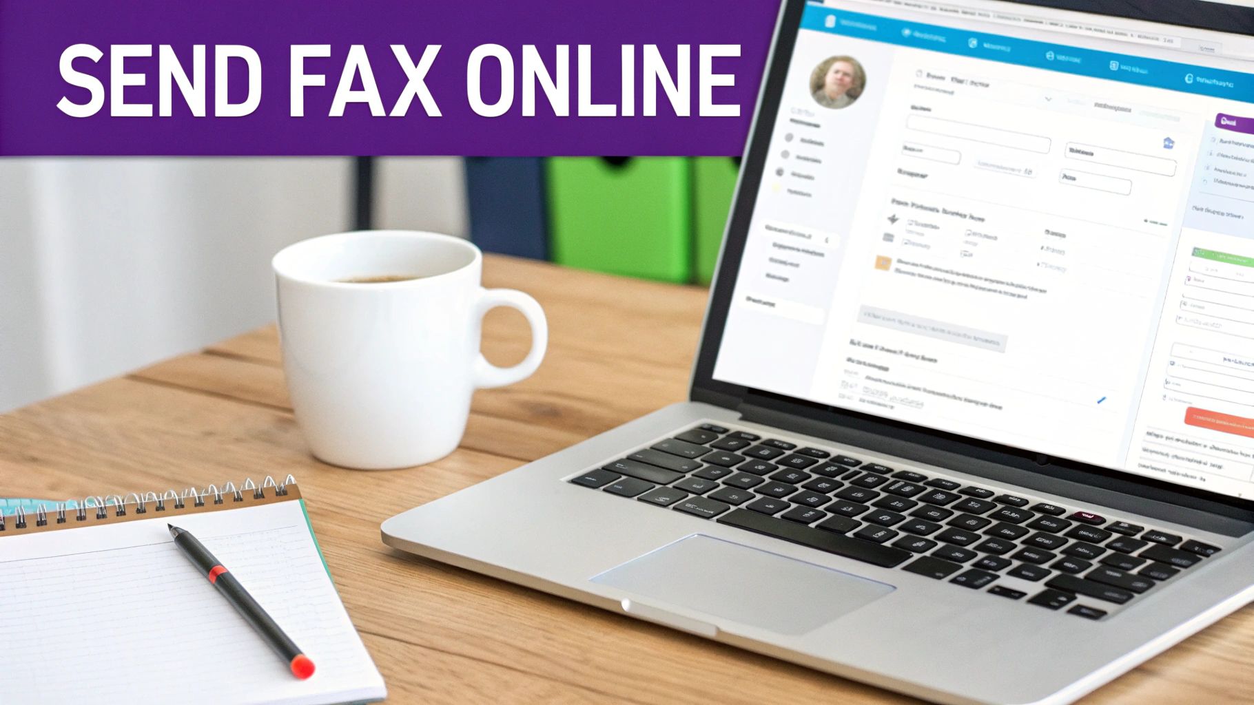 A laptop on a wooden desk displaying an online fax service, with a coffee mug and notepad.