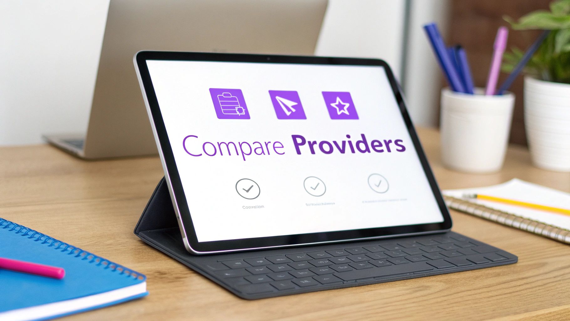 A person comparing two different options on a screen, signifying choosing an online fax provider.