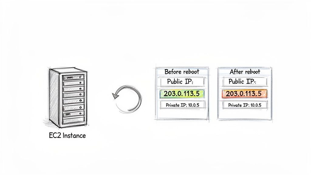 Diagram illustrating an EC2 instance's public and private IP addresses remaining constant after a reboot.