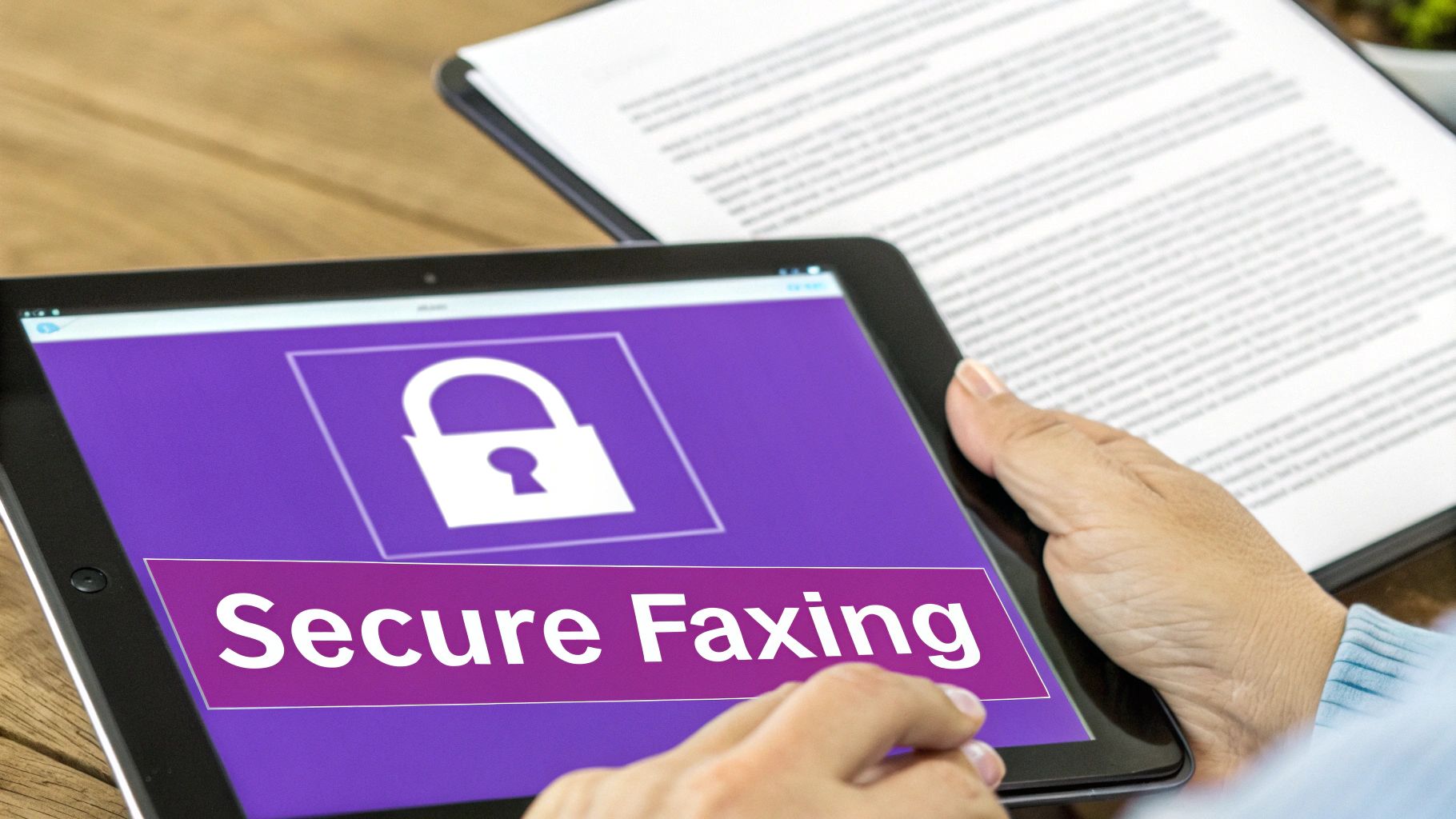 A person sending a fax from their laptop, illustrating the ease of online faxing.