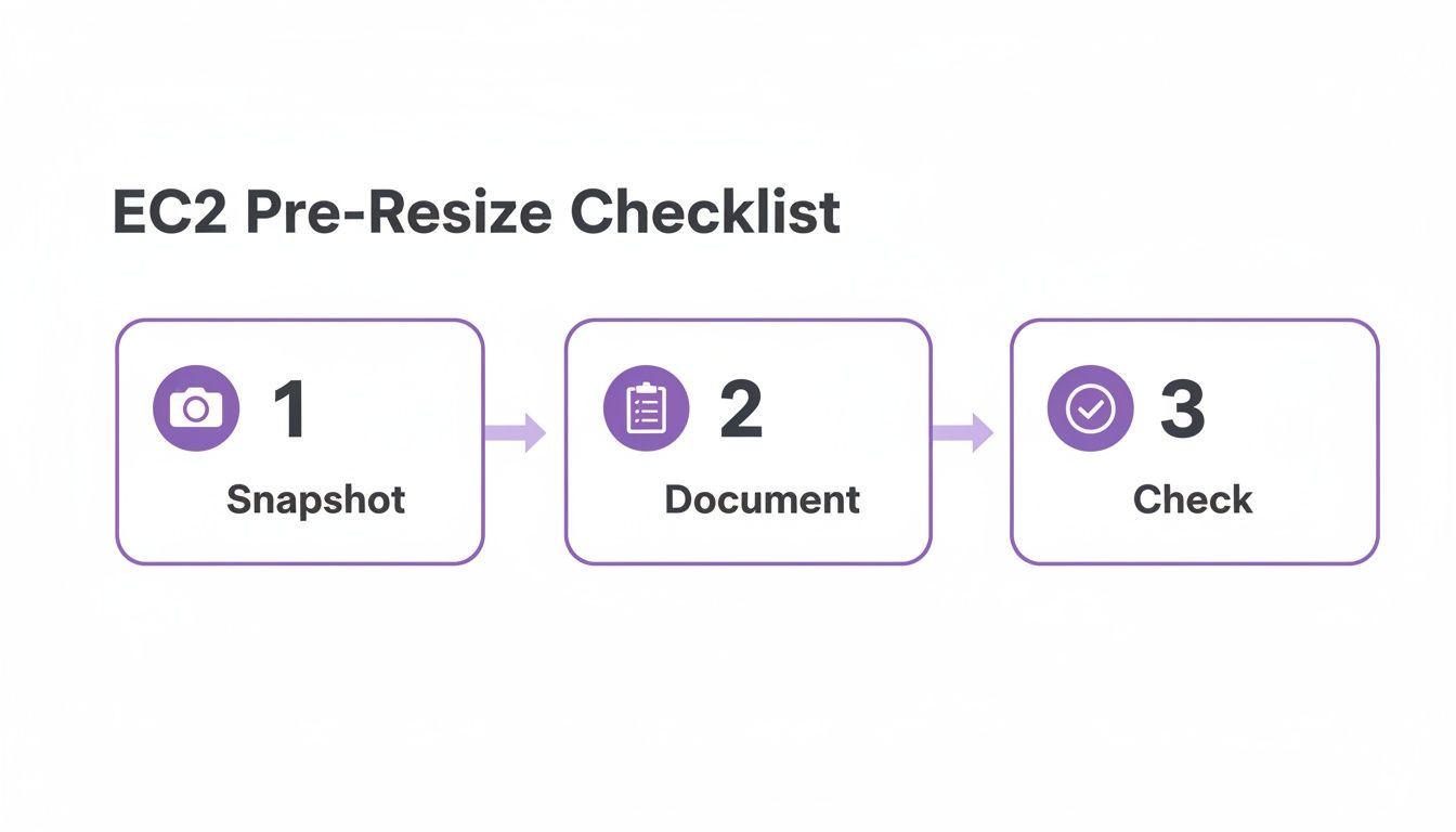 EC2 Pre-Resize Checklist outlining three essential steps: Snapshot, Document, and Check for safe instance resizing.