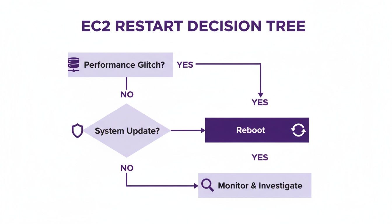An EC2 restart decision tree flowchart detailing steps for performance glitches or system updates.