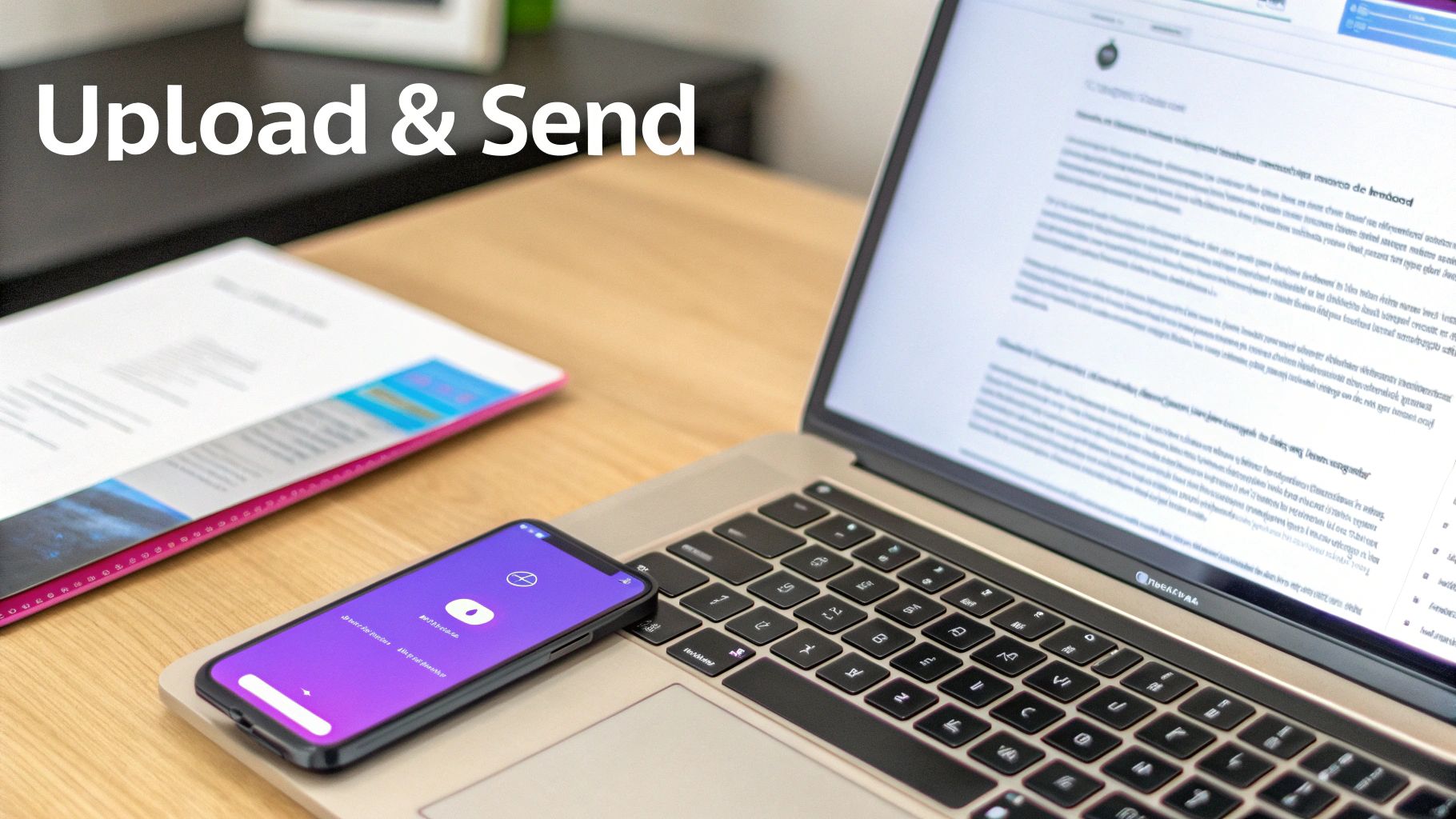 A desk setup with a laptop, smartphone, and document, illustrating the concept of 'Upload & Send'.