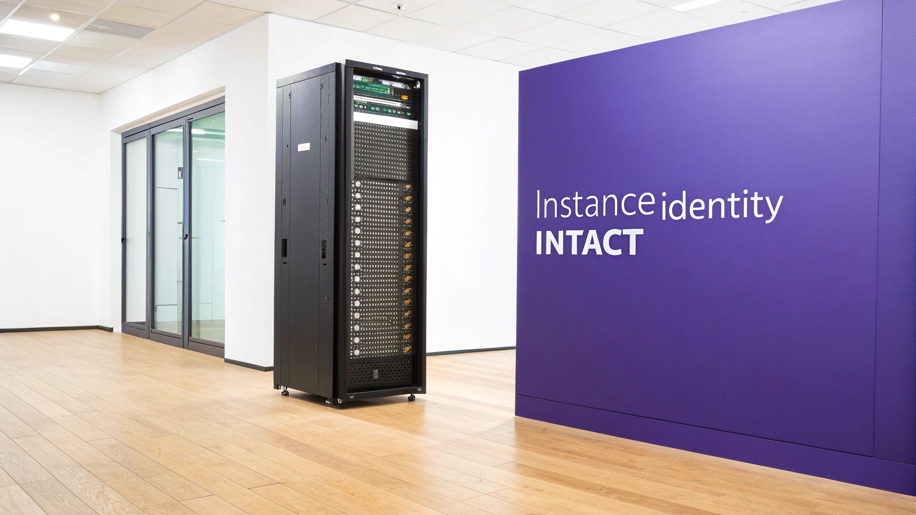 A black server rack stands in a modern, well-lit room with wood floors and a purple wall featuring 'Instance identity INTACT'.