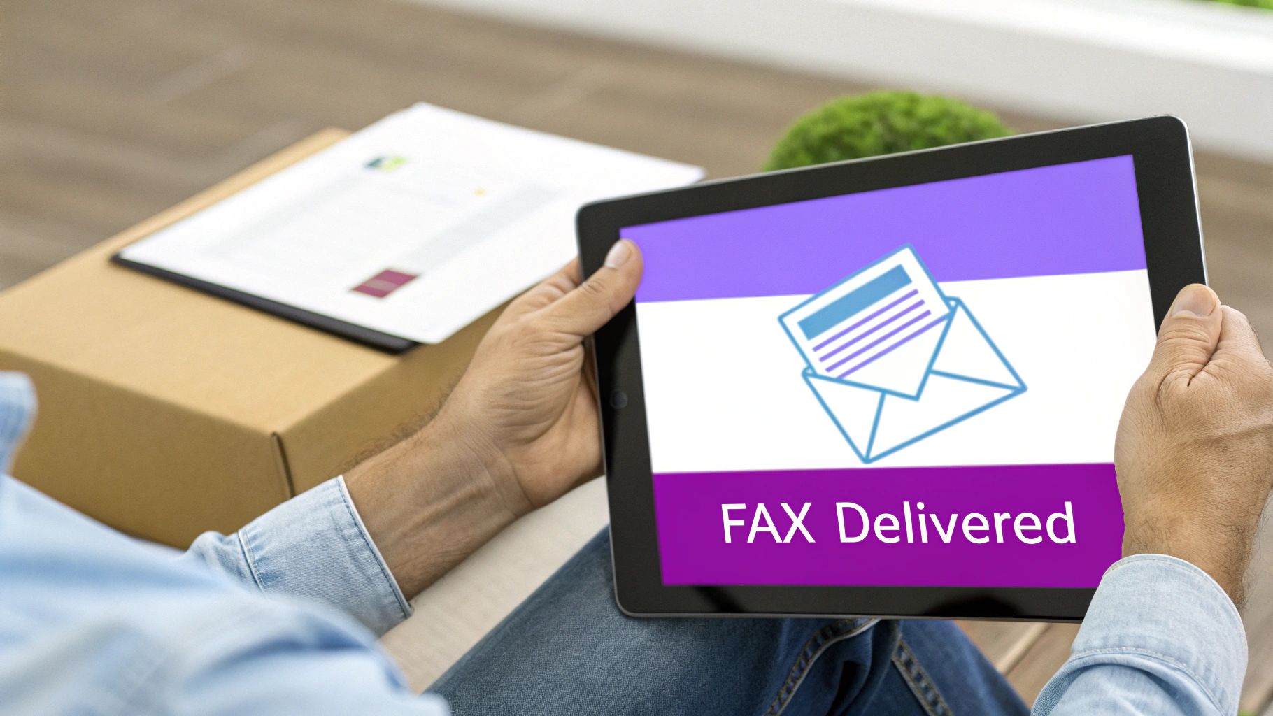 A person holds a tablet displaying 'FAX Delivered' with an envelope icon, confirming delivery.