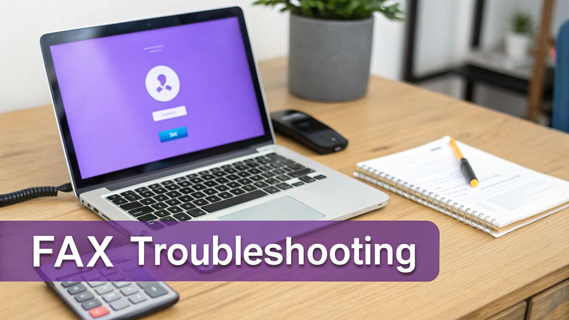 Laptop on a wooden desk showing a login screen, with office supplies and 'FAX Troubleshooting' text.