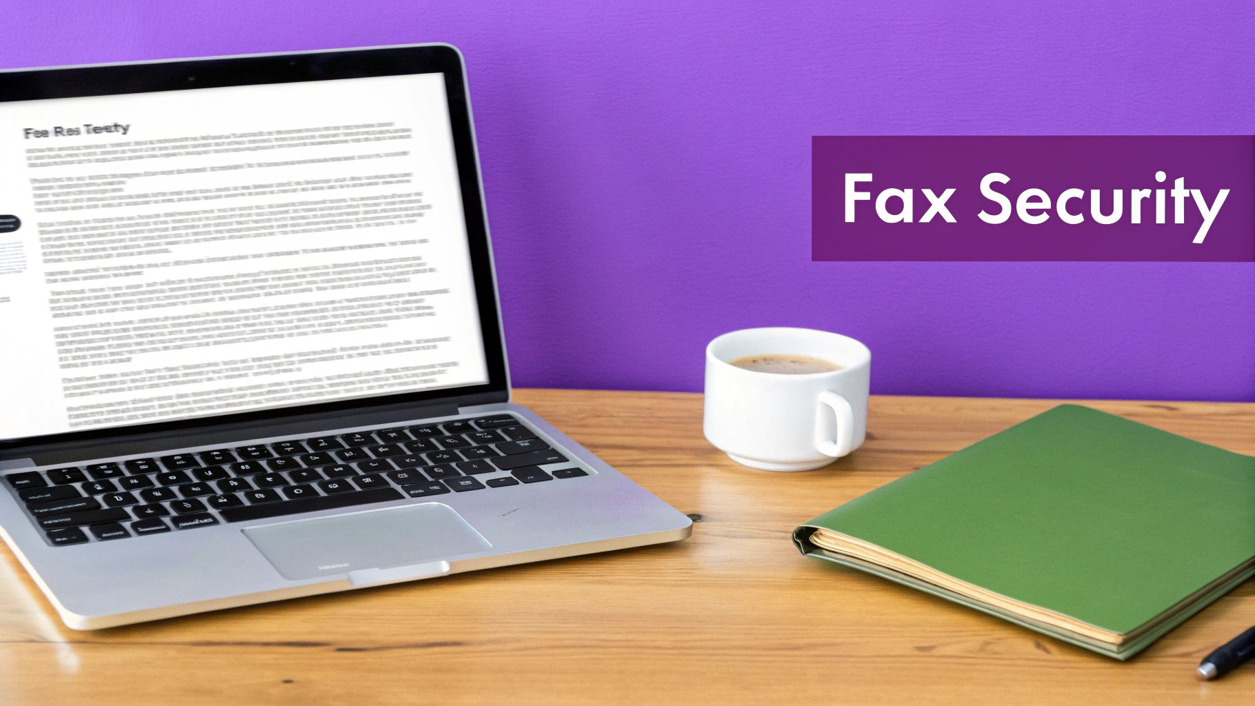 A laptop displaying text, a coffee cup, and a green binder on a wooden desk with a 'Fax Security' overlay.