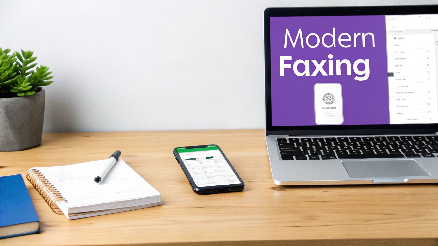 A modern desk with a laptop displaying 'Modern Faxing', a smartphone, notebook, and plant.
