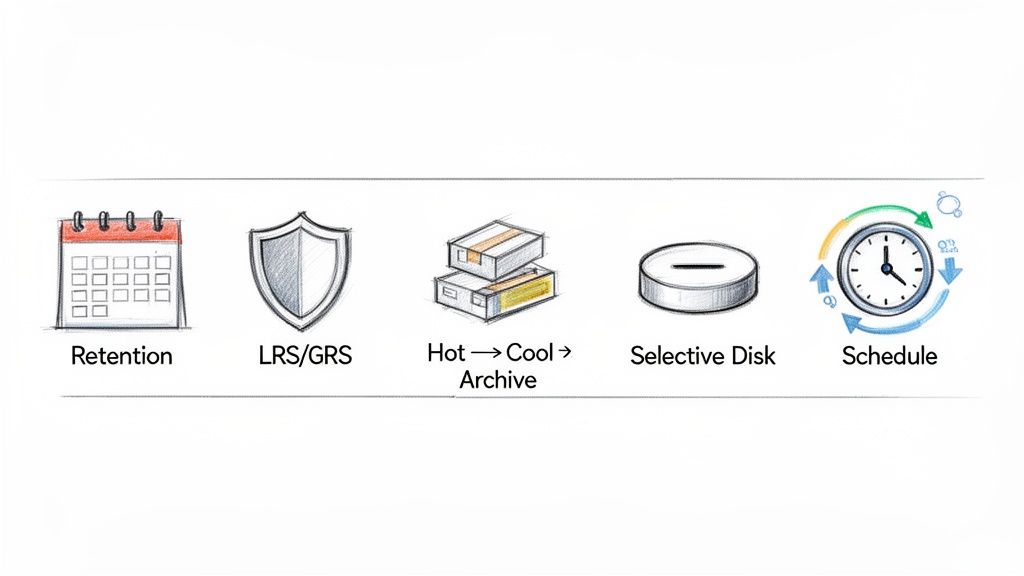 Icons illustrating data management options: retention, LRS/GRS, hot/cool/archive tiers, selective disk, and schedule.