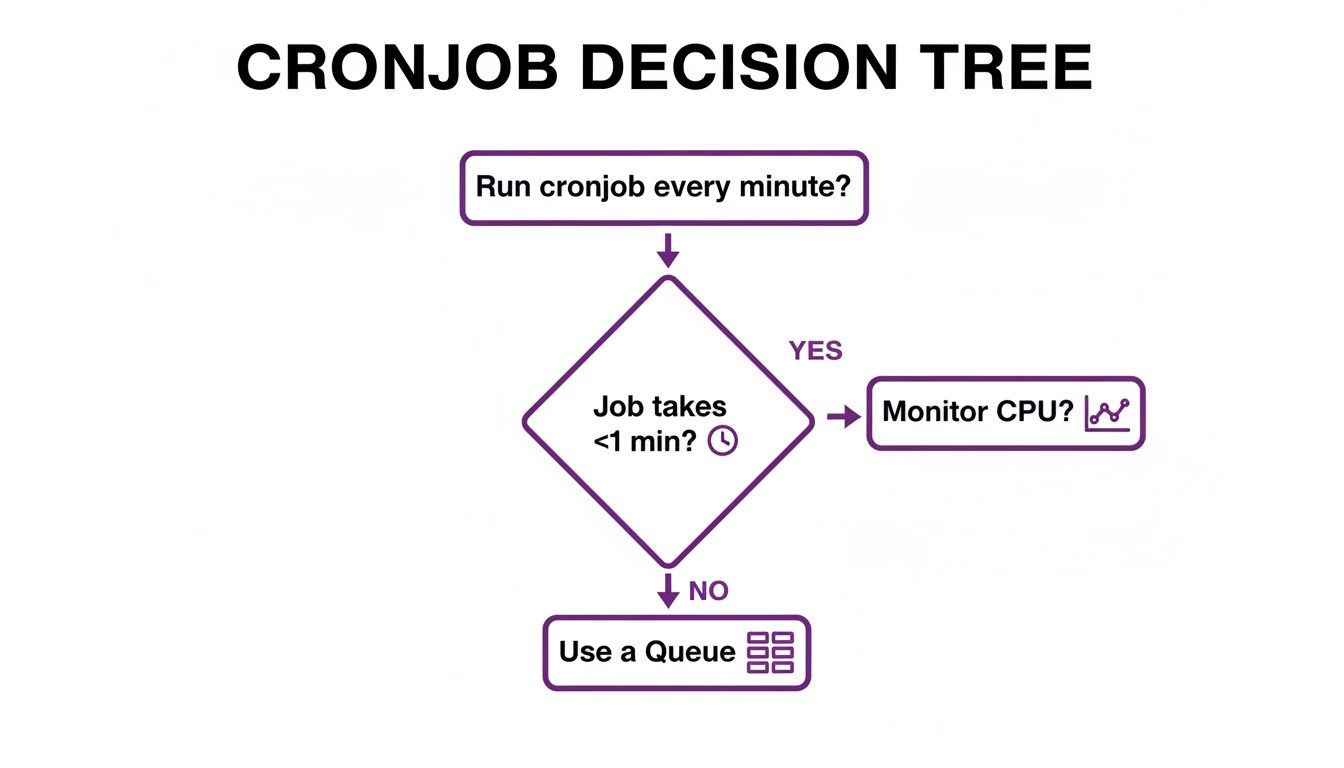A cronjob decision tree flowchart showing steps for jobs running every minute.