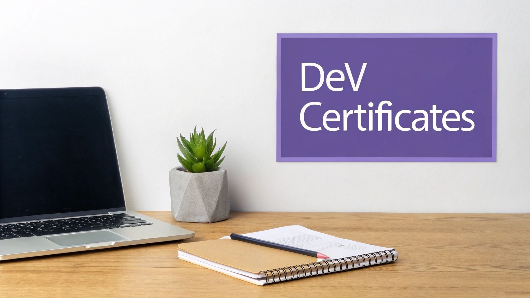 A clean workspace featuring a laptop, succulent plant, notebook, and 'DeV Certificates' sign.