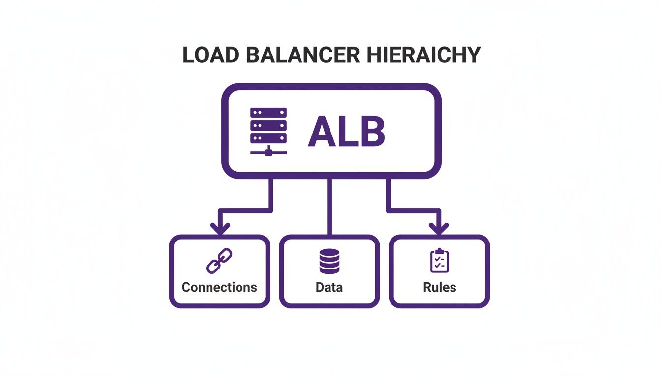 Hierarchical diagram illustrating an Application Load Balancer (ALB) and its core components: connections, data, and rules.